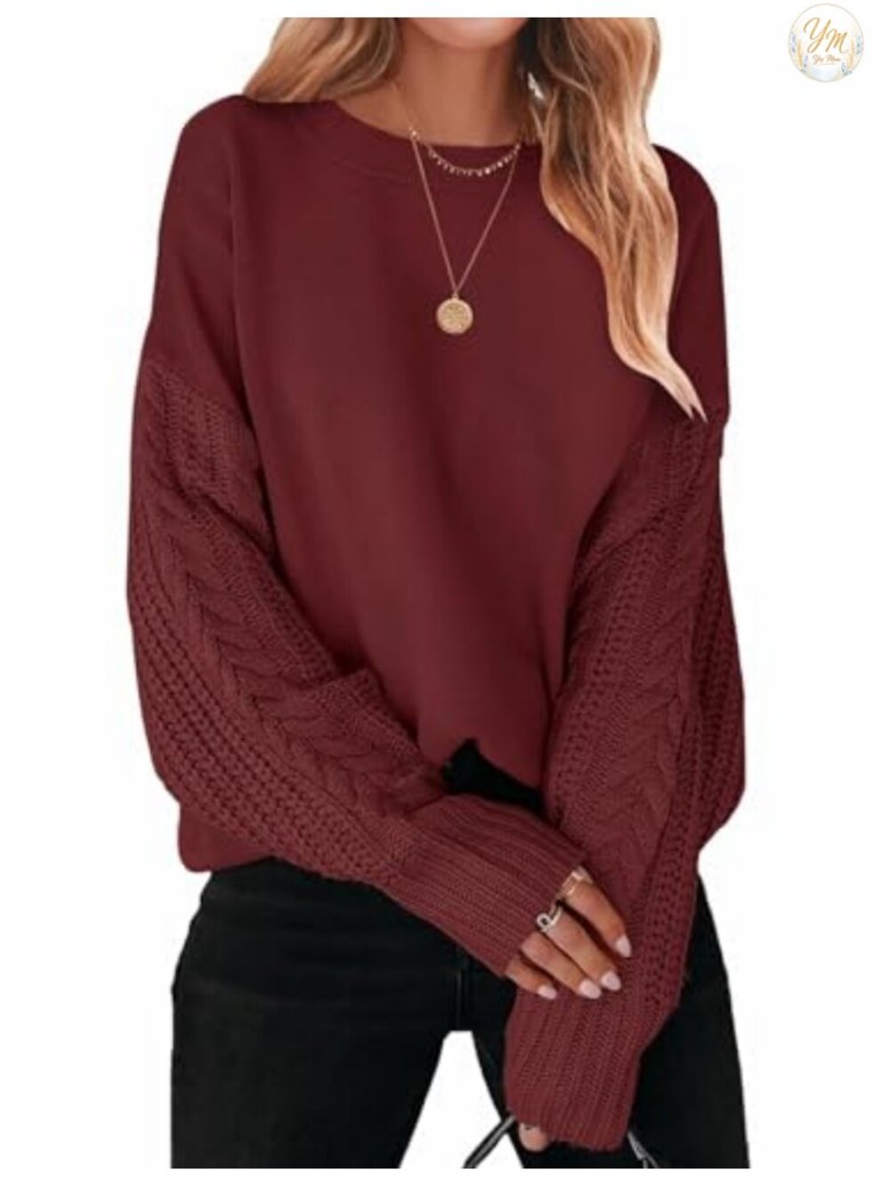 Cable Knit Oversized Sweater Pullover Crew Neck Long Sleeve Tunic